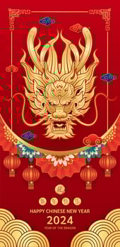 Happy Chinese New Year 2024. Chinese dragon gold zodiac sign on blua background for card or banner design. China lunar calendar animal. Translation happy new year 2024, dragon. Vector EPS10.