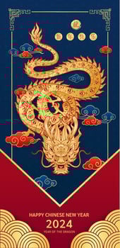 Happy Chinese New Year 2024. Chinese dragon gold zodiac sign on blua background for card or banner design. China lunar calendar animal. Translation happy new year 2024, dragon. Vector EPS10.