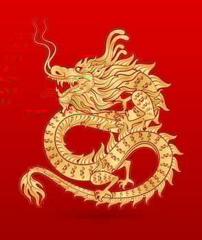 Traditional chinese Dragon gold zodiac sign isolated on red background for card design print media or festival. China lunar calendar animal happy new year. Vector Illustration.