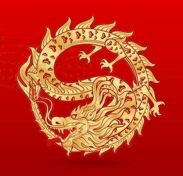 Traditional chinese Dragon gold zodiac sign isolated on red background for card design print media or festival. China lunar calendar animal happy new year. Vector Illustration.
