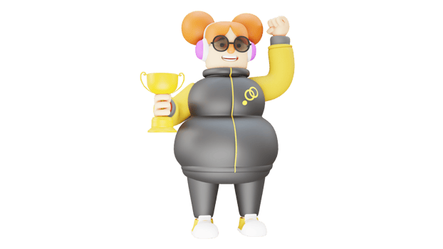 3D illustration. Lucky girl 3D cartoon character. A great fat girl can win a competition. The best girl holds a gold trophy as a prize for her victory. 3D cartoon character png