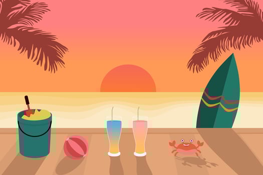 Beautiful sunset in summer at the beach with surf board and drinks. illustration vector. Seascape sunset. vector