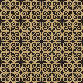 Vector seamless Kazakh national ornament. Gold pattern on a black background. Great steppe, Mongols, Kyrgyz, Kalmyks