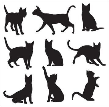 Vector set of silhouettes of cats in various poses. Goes, sits, plays