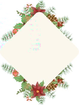Merry Christmas frame with red poinsettia flowers, Holly, leaves, berries, pine, fir, green twigs on white background. New Year floral composition for greeting cards, design. vector