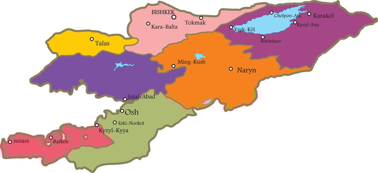 Vector administrative map of Kyrgyzstan. A republic with regional borders, lakes and large cities. Issyk-Kul on the territory