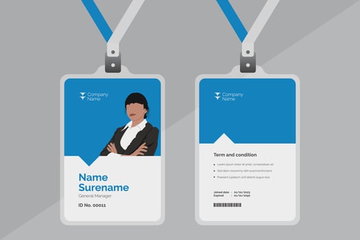 blue corporate id card template, clean id card design with realistic lanyard mockup vector