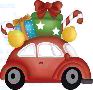 merry christmas in style red vintage car with gift box, christmas illustration vector