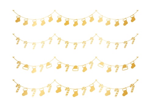 Set of gold Christmas and winter decoration garland silhouette. Holiday decoration elements collection. Santa hat, stockings, mistletoe, ornaments, candy cane. Vector Illustration.