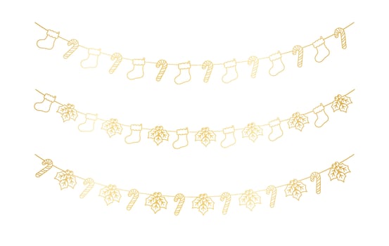Set of gold Christmas and winter decoration garland outline doodle. Holiday decoration elements collection. Santa stockings, mistletoe, ornaments, candy cane. Vector Illustration.