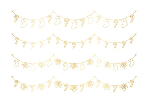 Set of gold Christmas and winter decoration garland outline doodle. Holiday decoration elements collection. Santa stockings, mistletoe, ornaments, candy cane. Vector Illustration.