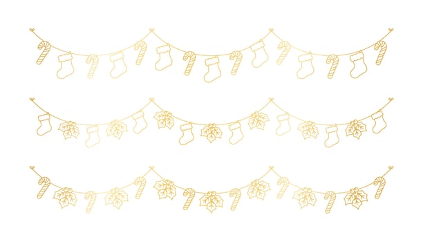 Set of gold Christmas and winter decoration garland outline doodle. Holiday decoration elements collection. Santa stockings, mistletoe, ornaments, candy cane. Vector Illustration.