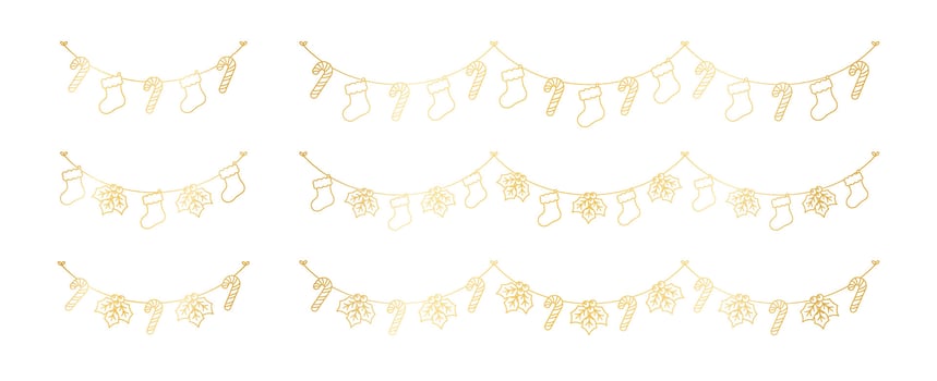 Set of gold Christmas and winter decoration garland outline doodle. Holiday decoration elements collection. Santa stockings, mistletoe, ornaments, candy cane. Vector Illustration.