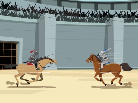 Medieval knight joust battle vector illustration. Cartoon flat horseman hero knight characters jousting with swords and shields on royal battlefield tournament.
