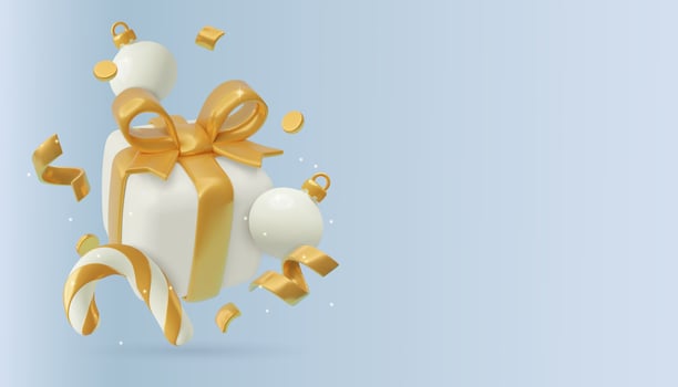 Christmas background with copy space and cute 3D white and golden gift box, candy cane, Christmas balls, flying confetti. Realistic three dimensional New Year and winter holidays vector banner design.