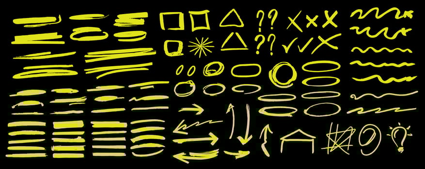 Hand-drawn doodle design elements, black on white background. Swishes, swoops, emphasis, Arrow, crown, brush stroke. doodle sketch design elements vector