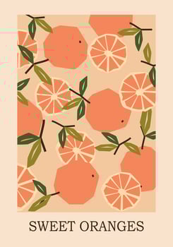 Illustration of oranges and leaves on a branch against a light beige background, with dark text at the bottom vector