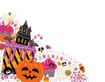 Halloween illustration. Decorated cupcakes, muffins, pastries, sweets candies. Vector template for banner, card, poster, web and other use