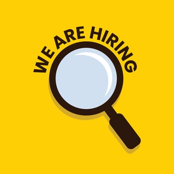 Vector magnifying glass illustration with the lettering of We are hiring. Employee job opportunity announcement social media poster, banner template design. Candidate searching for office team.