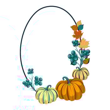 Autumn floral decorative Oval frame with pumpkins and maple leaves vector