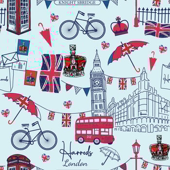 Vector hand drawn illustration with London symbols. England London attractions seamless texture.London icons seamless pattern
