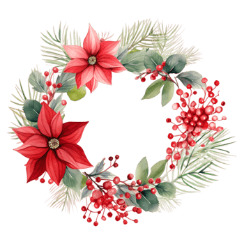 Watercolor christmas wreath with poinsettia flower and fir branches Ai Generative png