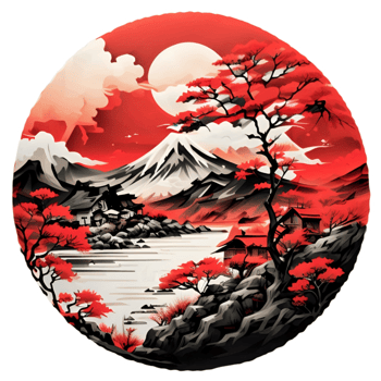 Japanese Style Mountain And Tree Sticker Ai Generative png