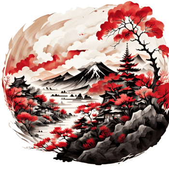 Japanese Style Mountain And Tree Sticker Ai Generative png