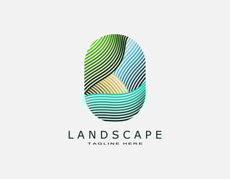 Elegant logo of landscape. Creative design with colorful wavy line art with yellow, blue, and green. Suitable for travel, hotel, agriculture, farm. vector