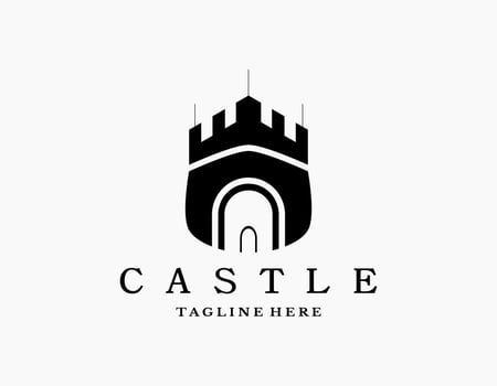 Simple castle logo icon. Elegant design of palace or fortress with black and white. Tower Silhouette with flags. Suitable for museums, stamps, postcards. vector