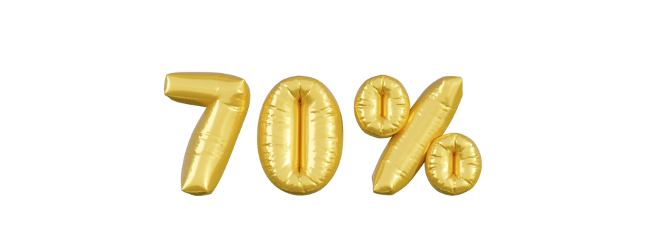 Gold balloons business header. 70 percent advertising symbol letter 3d vector. png