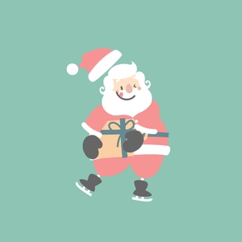 merry christmas and happy new year with cute santa claus wearing skate holding present gift in the winter season green background, flat vector illustration cartoon character costume design