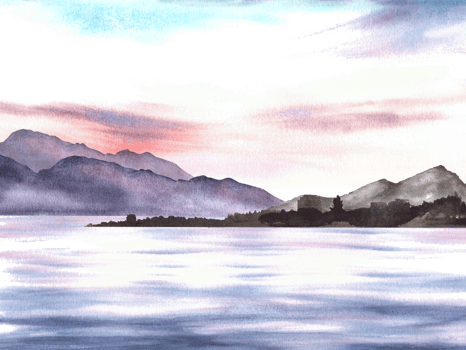 Nautical watercolor landscape. Adriatic seascape with sky, town and mountain silhouettes, reflection at sea. Hand drawn illustration. For postcards, printing, poster. png