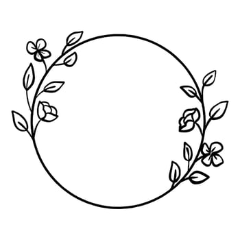 Black line flowers leaves circle frame. Vector illustration for decorate logo, text, greeting cards and any design.