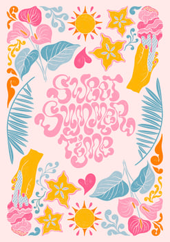 Sweet summer time - trendy liquid hand written lettering quote. Floral leaves decorative elements, exotic fruits, ice-cream, palm leaves, Anthurium flower. vector
