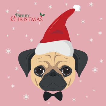 Christmas greeting card. Pug dog with red Santa's hat vector