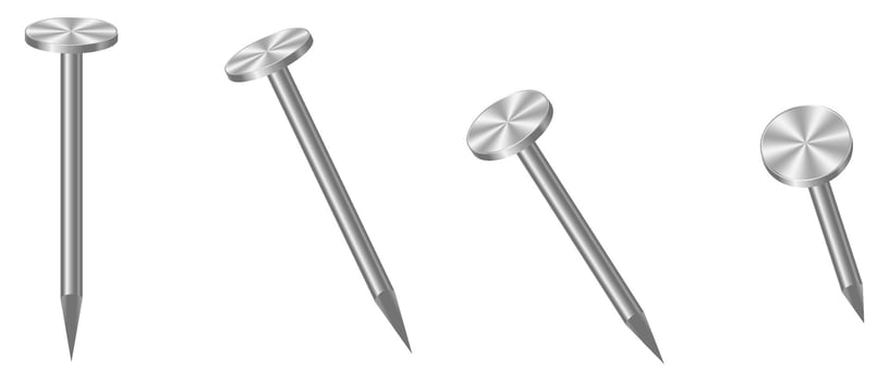 Realistic 3d metal nails. Nail metal. Realistic set of metal pins. Metallic hardware vector set. Vector illustration