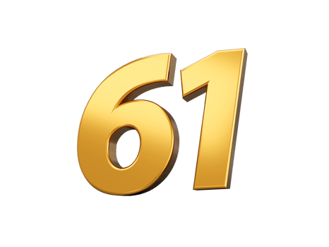 Gold number 61 Sixty one shiny 3d number made of gold 3d illustration png