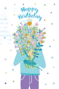 Happy birthday greeting card. Guest with flower bouquet. Vector illustration, cartoon postcard.