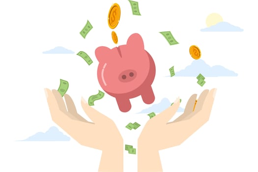 concept of budgeting or cutting expenses to save money for the future, saving for prosperity or financial success, building wealth or frugality, dollar coins falling into hand holding piggy bank. vector