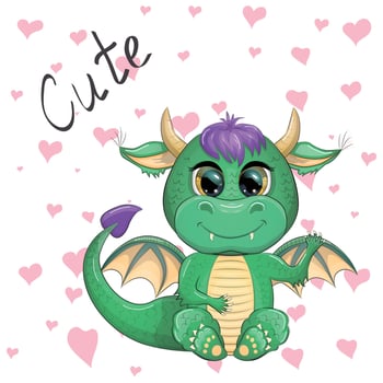 Cute cartoon green baby dragon with horns and wings. Symbol of 2024 according to the Chinese calendar. Funny mythical monster reptile vector