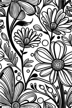 Abstract Black And White Monochromatic Hand-drawn Flowers Texture Pattern Doodle Vector Illustration