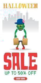 Halloween sale white poster, banner with zombie young boy. Sale up to 50 off. Sale Halloween graphic design vector
