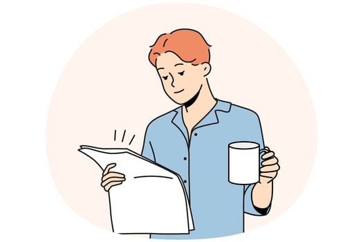 Happy young man in pyjama drinking coffee reading newspaper. Smiling male enjoy morning at home. Daily routine. Vector illustration.