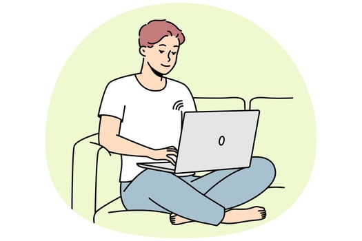 Smiling guy sit on couch working on laptop using wireless network. Happy young man relax on sofa browse internet on computer. Vector illustration.