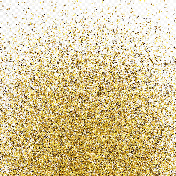 Gold glitter confetti backdrop isolated on white transparent background. Celebratory texture with shining light effect. Vector illustration.