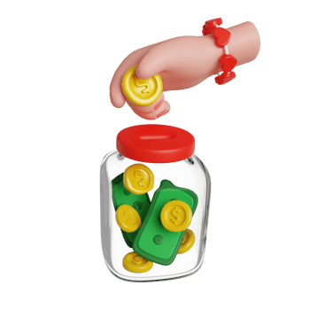 Woman hand putting coins and banknotes in donation jar. Financial support. 3D render icons. png