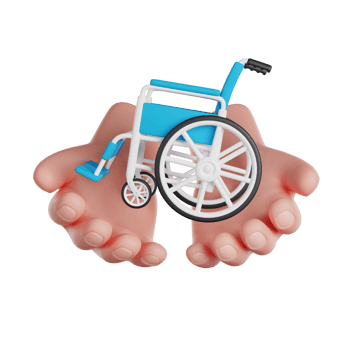 International Volunteer Day. Hands hold wheelchair. Take care of disabled people. 3D render icon. png