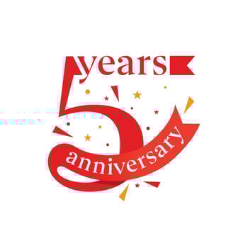 5 years anniversary logo design. 5th anniversary badge design with ribbon. Sign and symbol for celebrating company or business birthday. Company year anniversary template, banner, poster, card vector