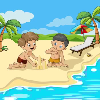 Cute kids cartoon making sand castle at the beach vector